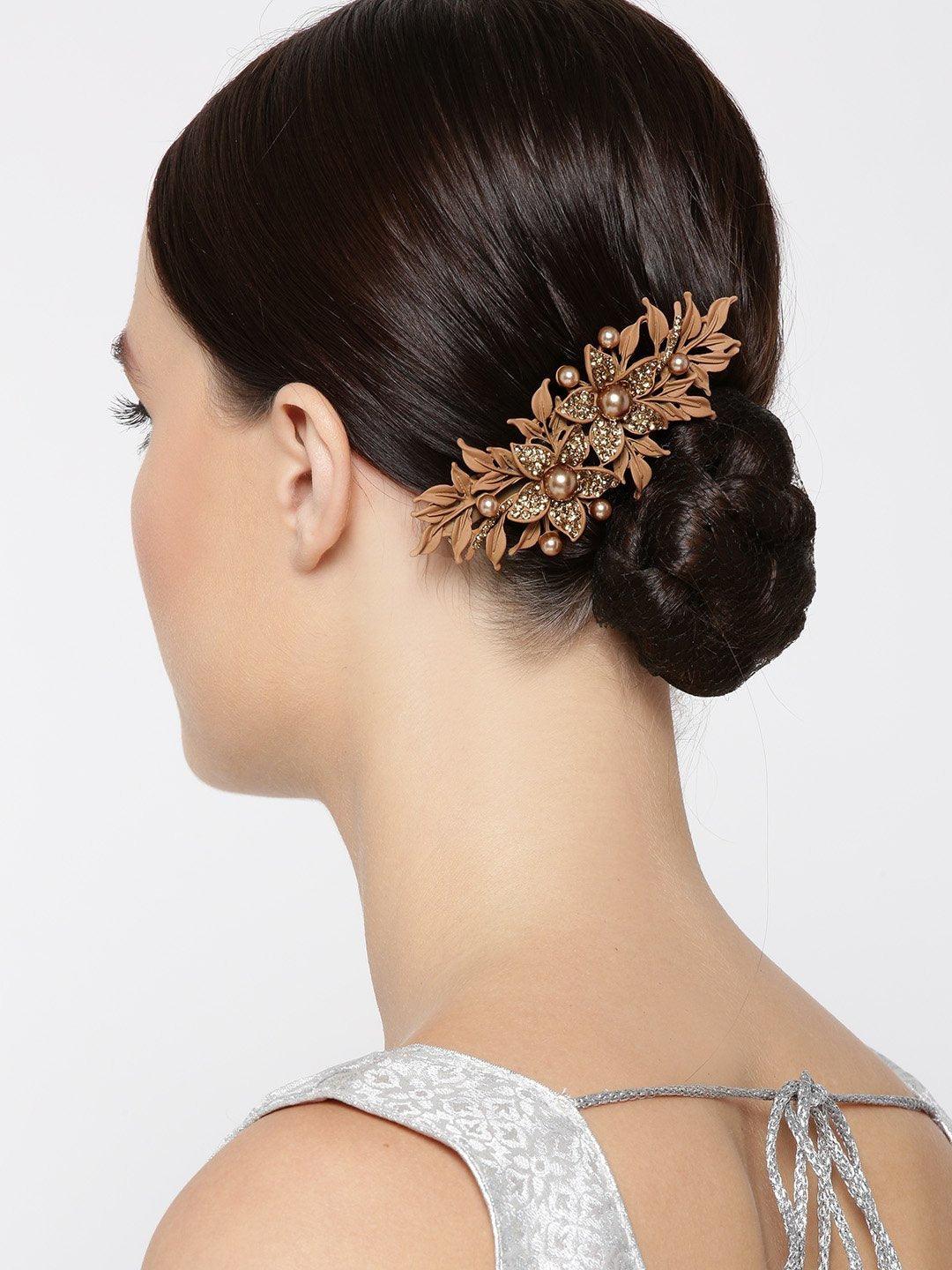 Women's Matte Finish Stones And Pearls Studded Floral Brown Hair Clip - Priyaasi - Indiakreations