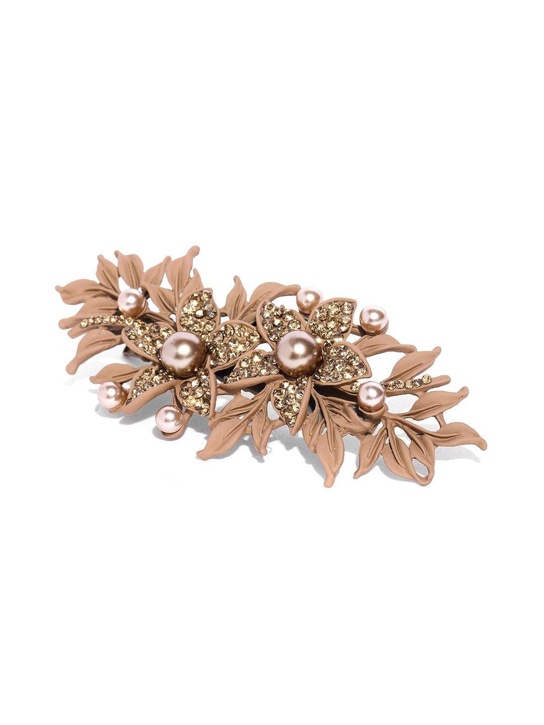 Women's Matte Finish Stones And Pearls Studded Floral Brown Hair Clip - Priyaasi - Indiakreations