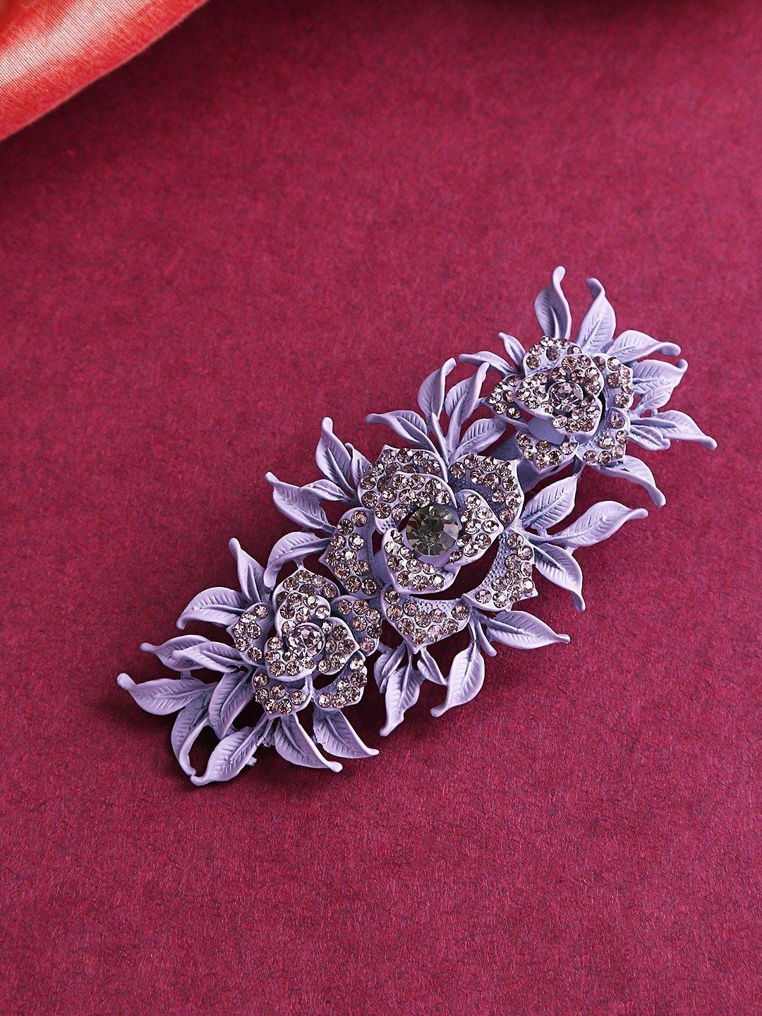 Women's Matte Finish Stones Studded Floral And Leaf Lavender Colour Hair Clip - Priyaasi - Indiakreations