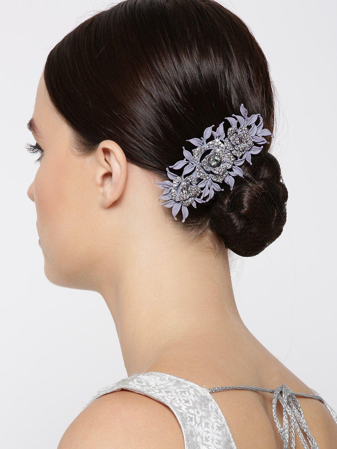 Women's Matte Finish Stones Studded Floral And Leaf Lavender Colour Hair Clip - Priyaasi - Indiakreations