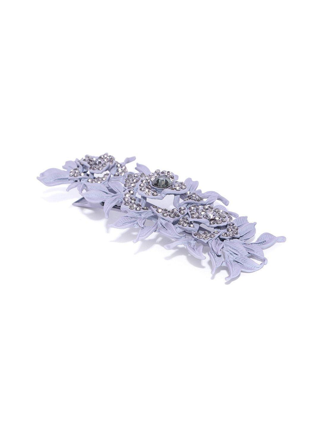 Women's Matte Finish Stones Studded Floral And Leaf Lavender Colour Hair Clip - Priyaasi - Indiakreations