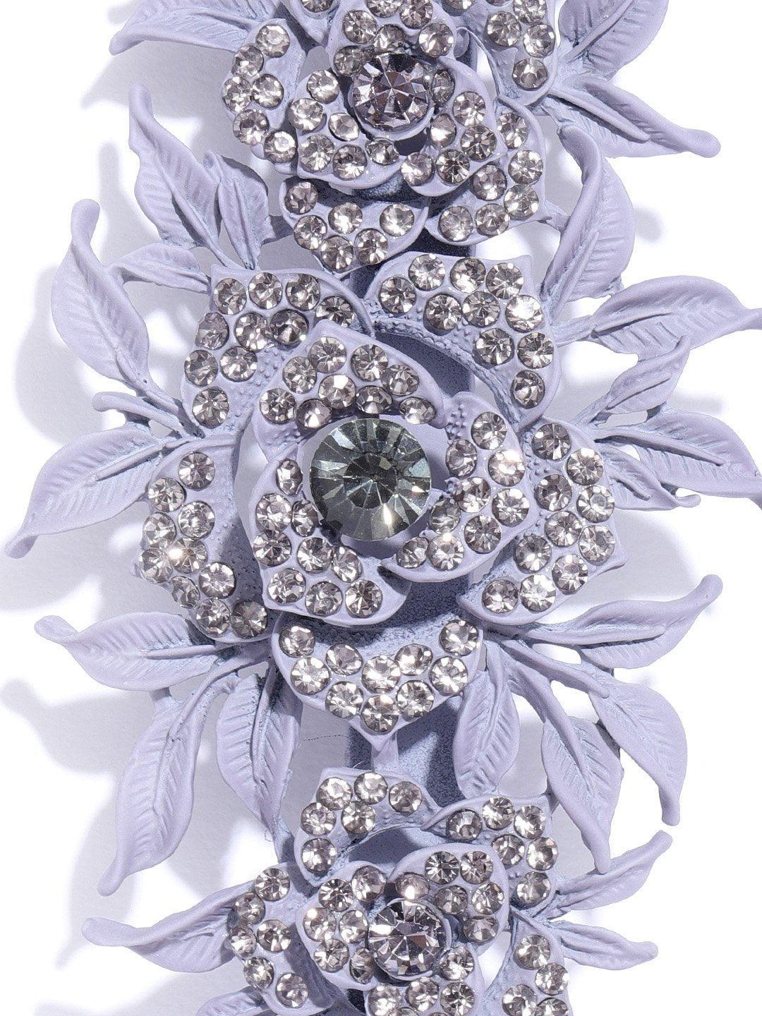 Women's Matte Finish Stones Studded Floral And Leaf Lavender Colour Hair Clip - Priyaasi - Indiakreations