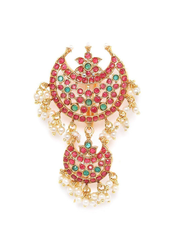 Women's Gold Plated Ruby & Emerald Studded Bun Pin/Hair Accessory - Priyaasi - Indiakreations