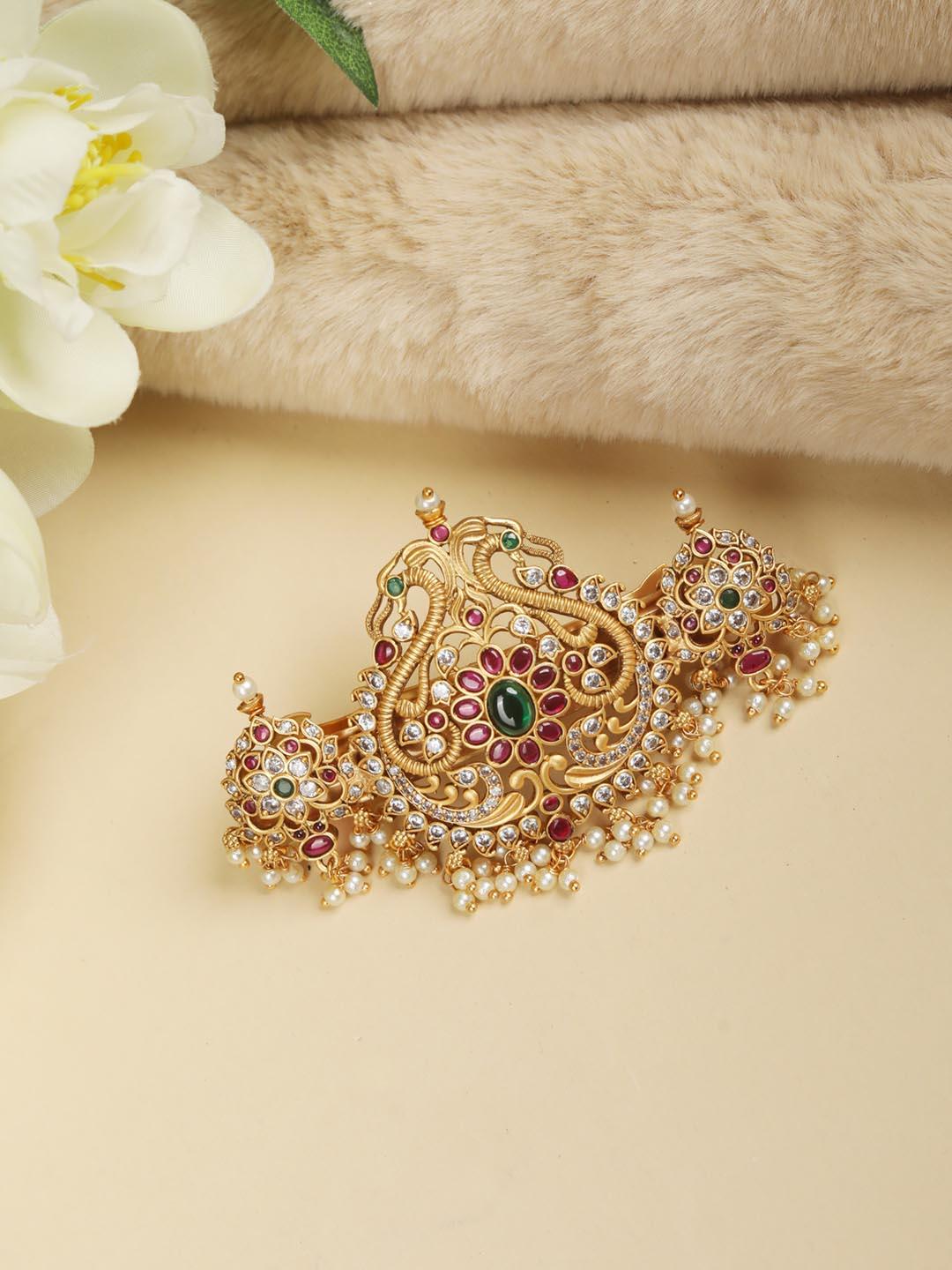 Women's American Diamond Pearls Gold Plated Peacock Claw Clip Hair Accessories - Priyaasi - Indiakreations