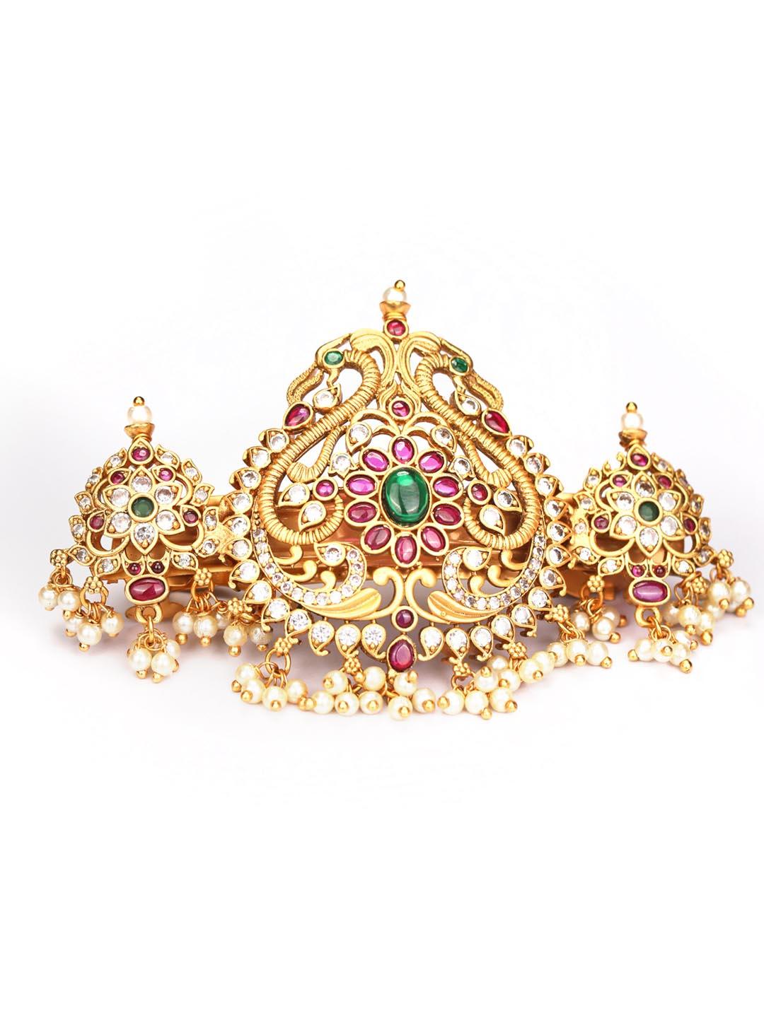 Women's American Diamond Pearls Gold Plated Peacock Claw Clip Hair Accessories - Priyaasi - Indiakreations