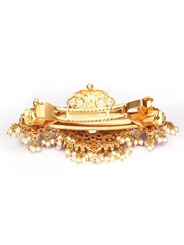 Women's American Diamond Pearls Gold Plated Peacock Claw Clip Hair Accessories - Priyaasi - Indiakreations