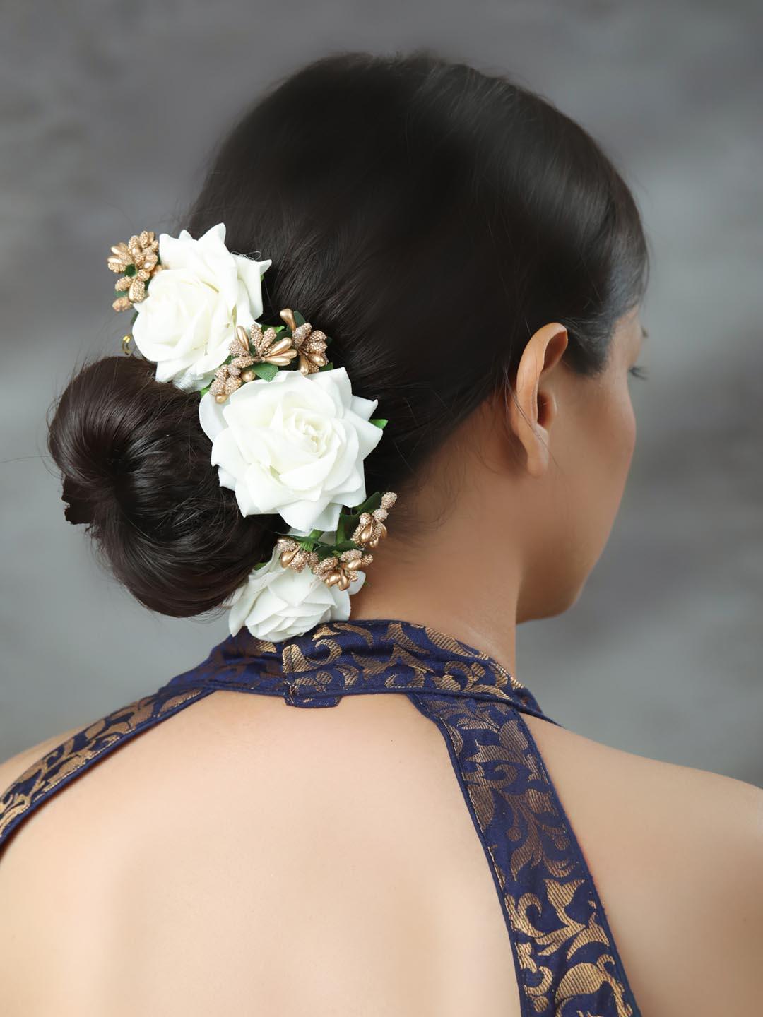 Women's White Gold Plated Floral Bun Hair Accessories - Priyaasi - Indiakreations