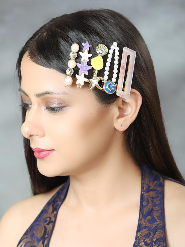 Women's Multi-Color Pearls Gold Plated Set Of 5 Alligator Hair Clip - Priyaasi