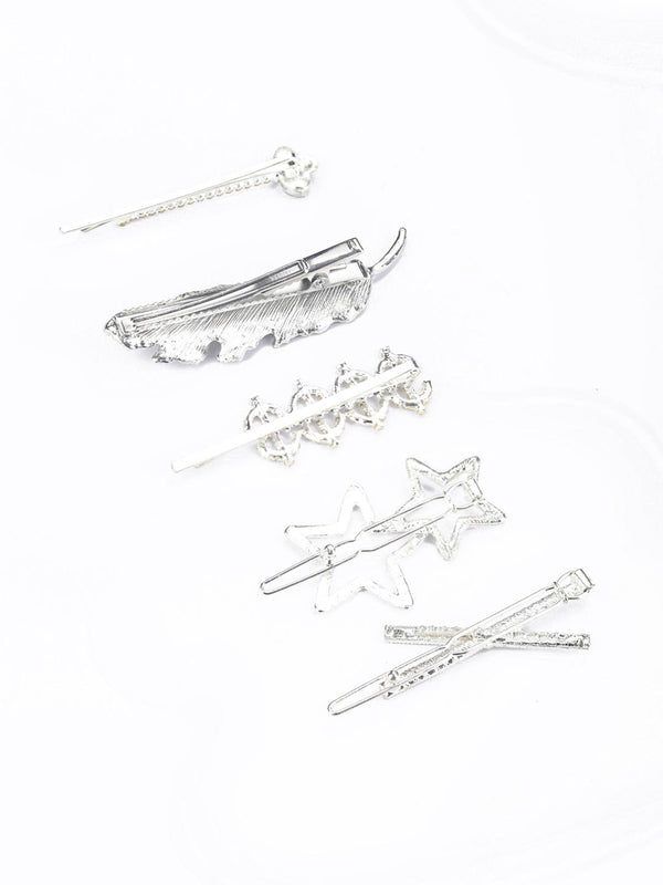 Women's Multi-Color Stones Crystal Silver Plated Set of 5 Alligator Hair Clip - Priyaasi