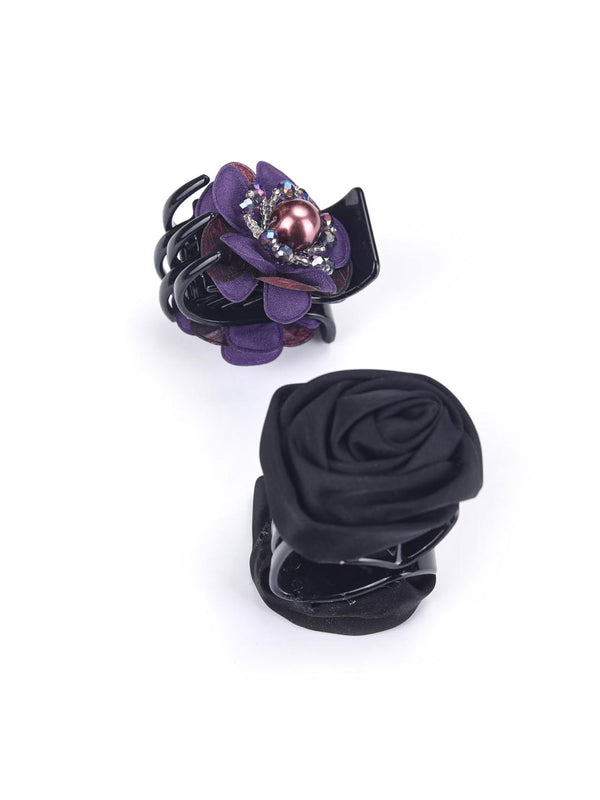 Women's Purple Black Plastic Set of 2 Floral Claw Clip Hair Accessories - Priyaasi