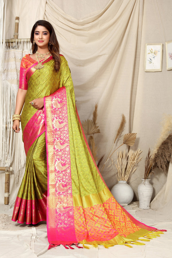 Women's Parrot Green Kathan Silk Saree - Dwija Fashion