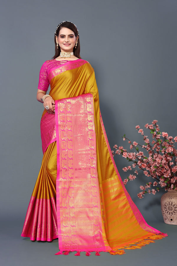 Women's Dark Yellow Kathan Silk Saree - Dwija Fashion