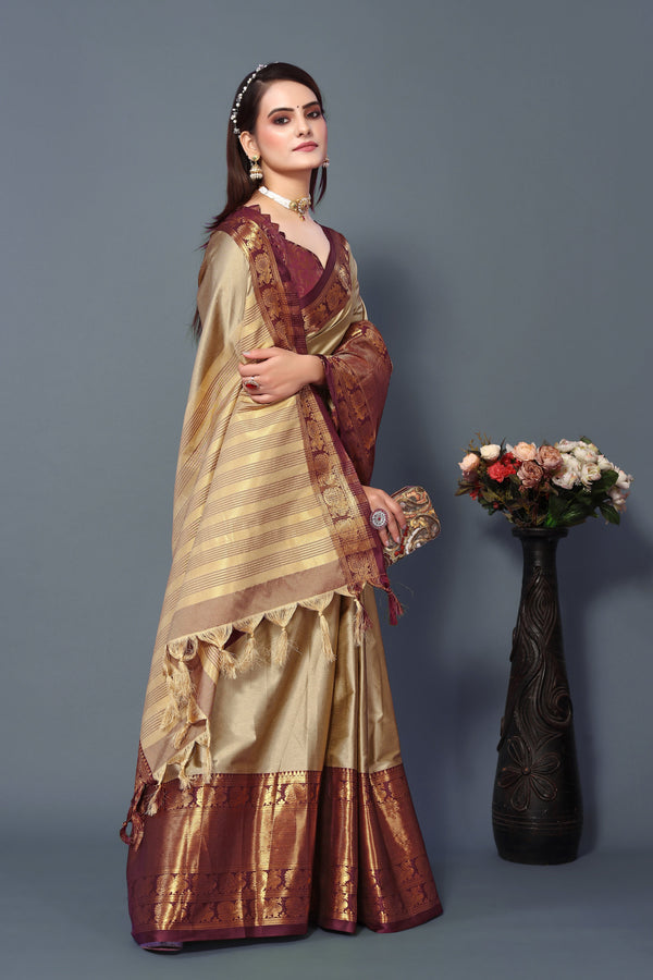 Women's Light Brown Kathan Silk Saree - Dwija Fashion