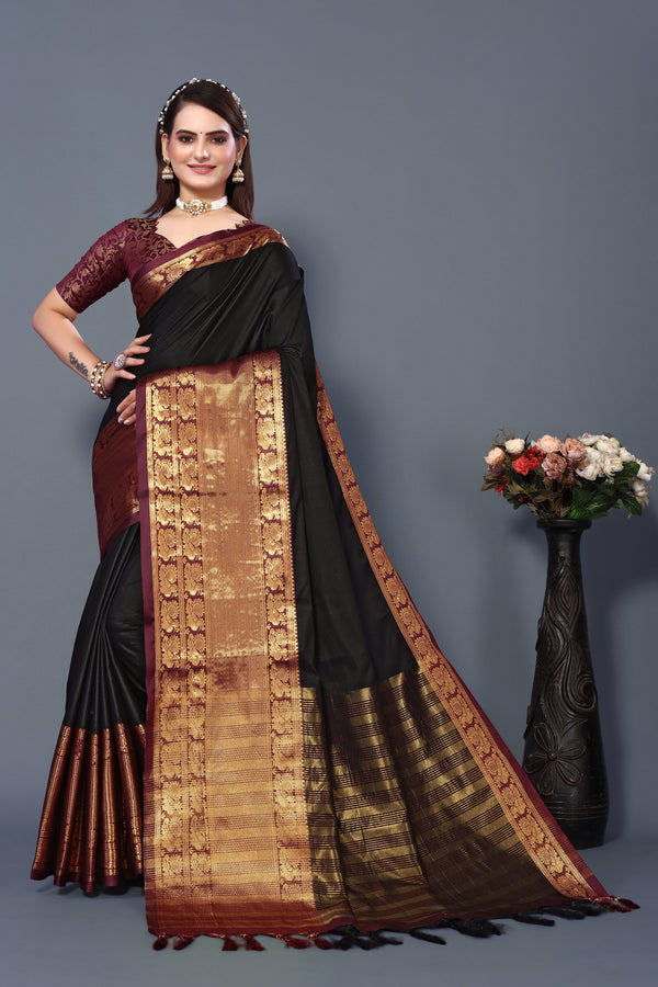 Women's Black Kathan Silk Saree - Dwija Fashion