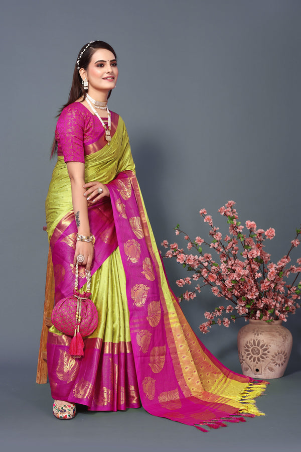 Women's Lemon Green Kathan Silk Saree - Dwija Fashion