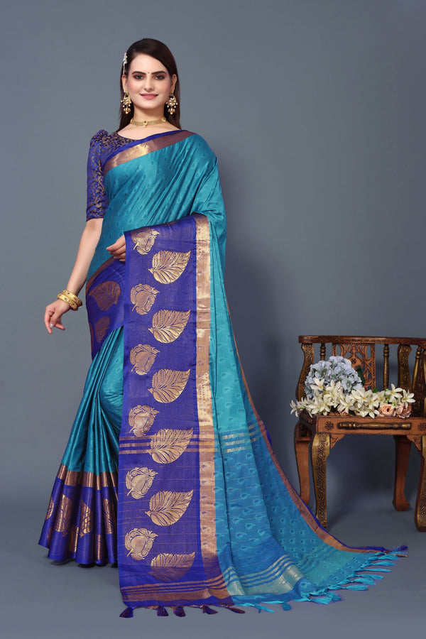 Women's Aqua Blue Kathan Silk Saree - Dwija Fashion