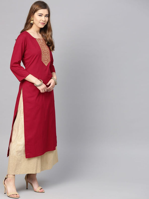 Women's Maroon Yoke Design Straight Kurta - Varanga