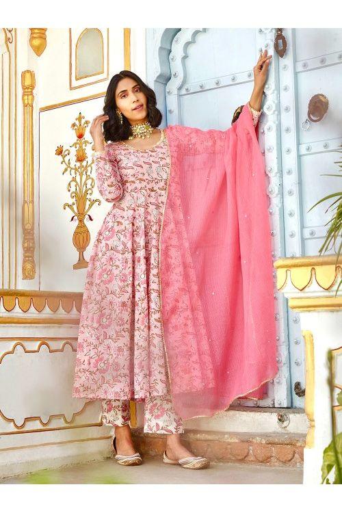 Pink White Floral Anarkali Set - Indiakreations