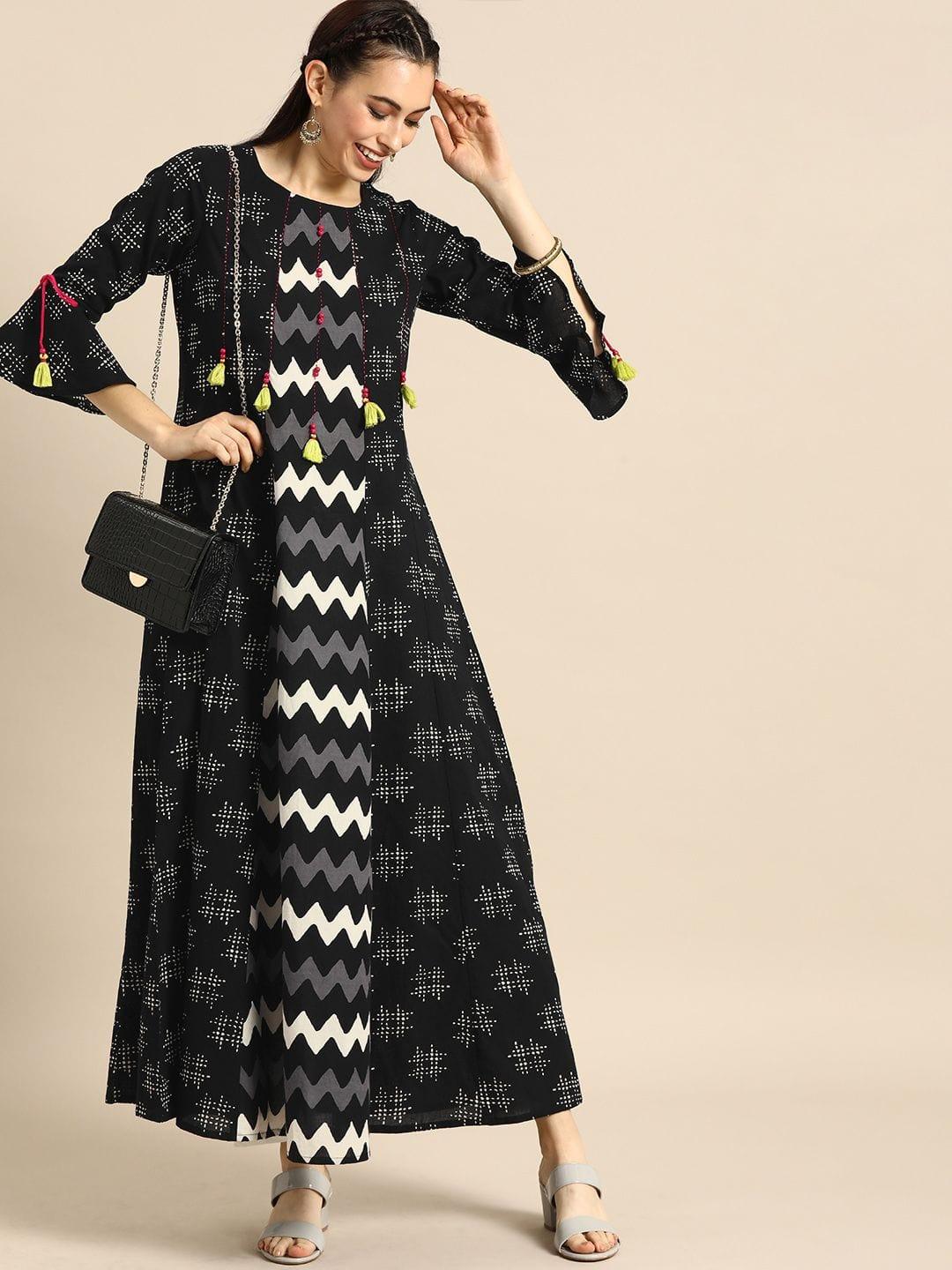 Black & White Printed Bell Sleeves Anarkali Kurta - Indiakreations