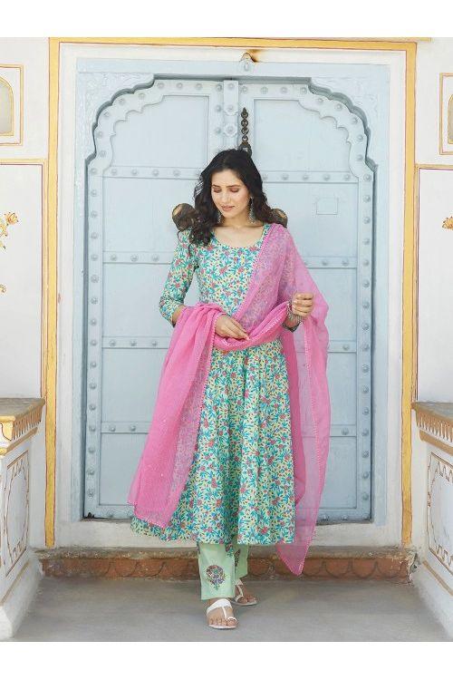 Light Green Pink Anarkali Set - Indiakreations