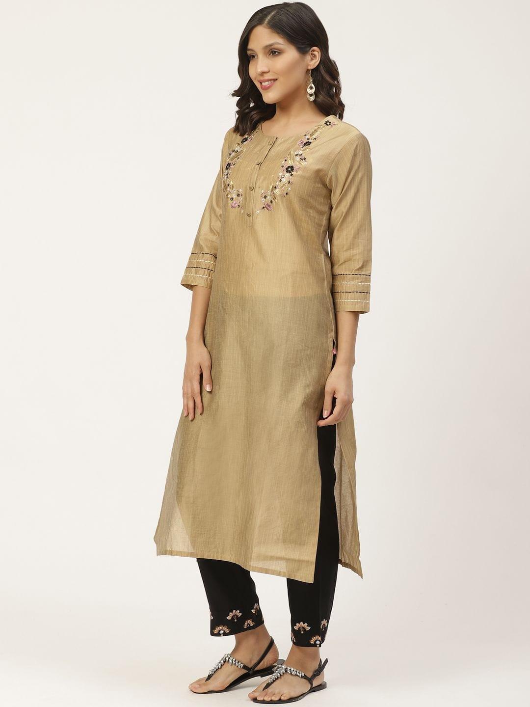 Women Beige & Black Zari Yoke Design Kurta With Palazzos - Indiakreations