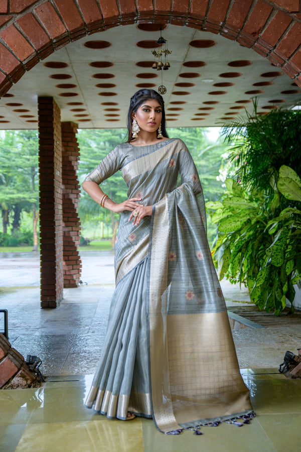 Women's Grey Woven South Silk Saree With Tassels - Vishnu Weaves