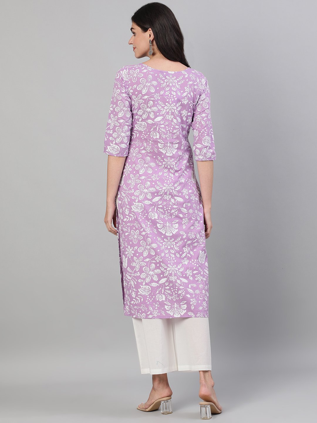 Women Lavender Calf Length Three-Quarter Sleeves Straight Floral Printed Cotton Kurta With Face Mask | NOZ2TOZ - Made In INDIA.