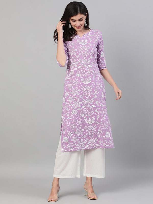 Women Lavender Calf Length Three-Quarter Sleeves Straight Floral Printed Cotton Kurta With Face Mask | NOZ2TOZ - Made In INDIA.