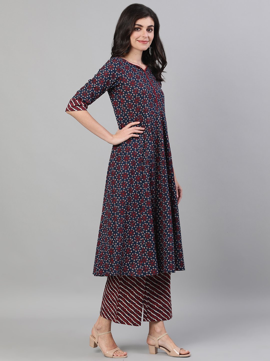 Women Navy Blue Three-Quarter Sleeves Anarkali Kurta With Palazzo and pockets | NOZ2TOZ - Made In INDIA.