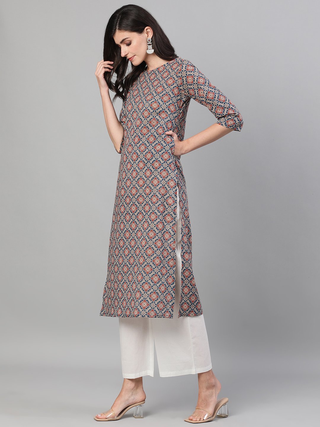 Women Blue Calf Length Three-Quarter Sleeves Straight Ethnic Motif Printed Cotton Kurta with pockets | NOZ2TOZ - Made In INDIA.