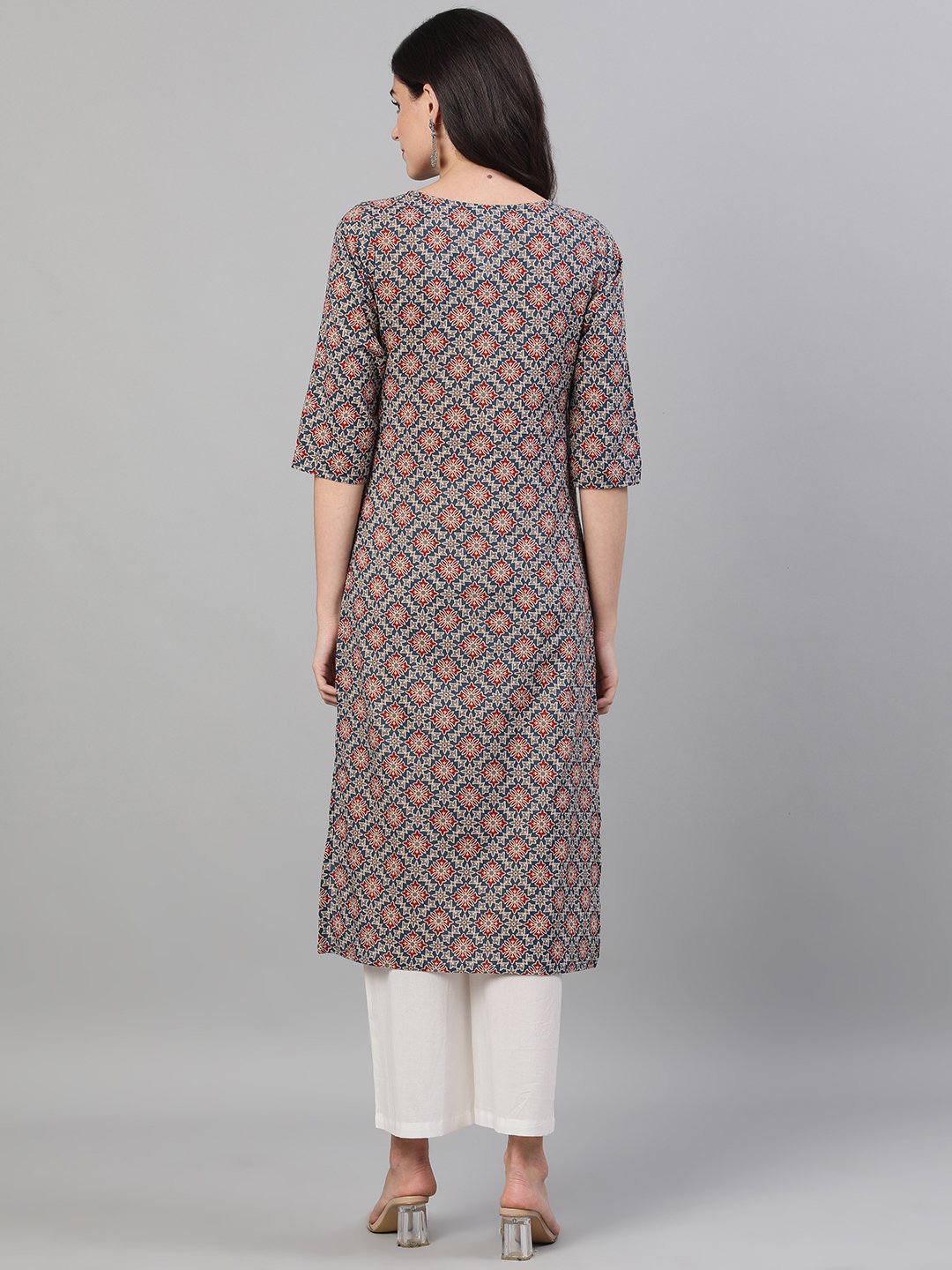 Women Blue Calf Length Three-Quarter Sleeves Straight Ethnic Motif Printed Cotton Kurta with pockets | NOZ2TOZ - Made In INDIA.