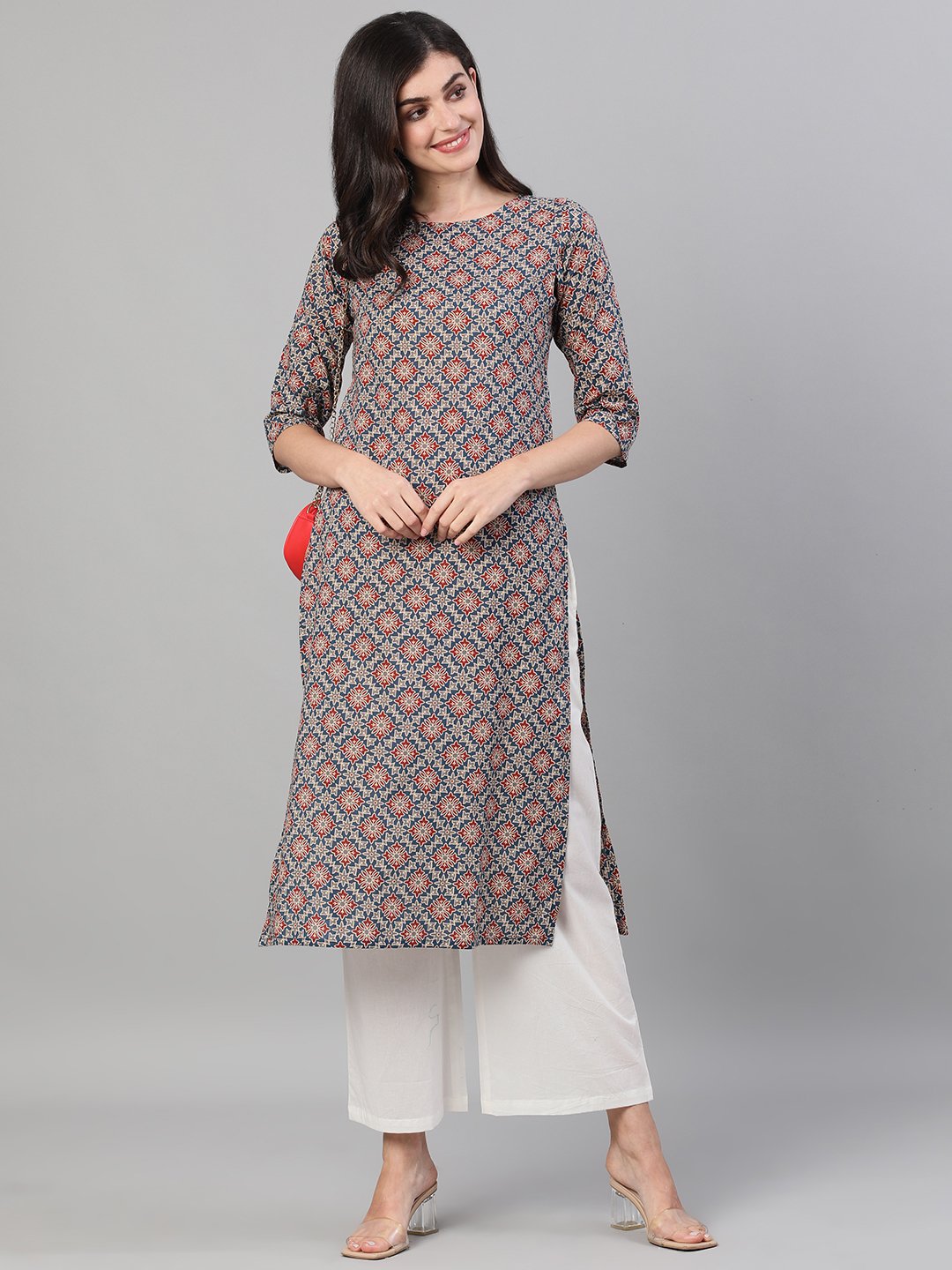 Women Blue Calf Length Three-Quarter Sleeves Straight Ethnic Motif Printed Cotton Kurta with pockets | NOZ2TOZ - Made In INDIA.