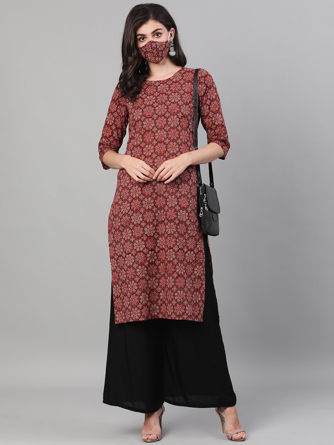 Women Maroon Calf Length Three-Quarter Sleeves Straight Ethnic Motif Printed Cotton Kurta with pockets And Face Mask | NOZ2TOZ - Made In INDIA.