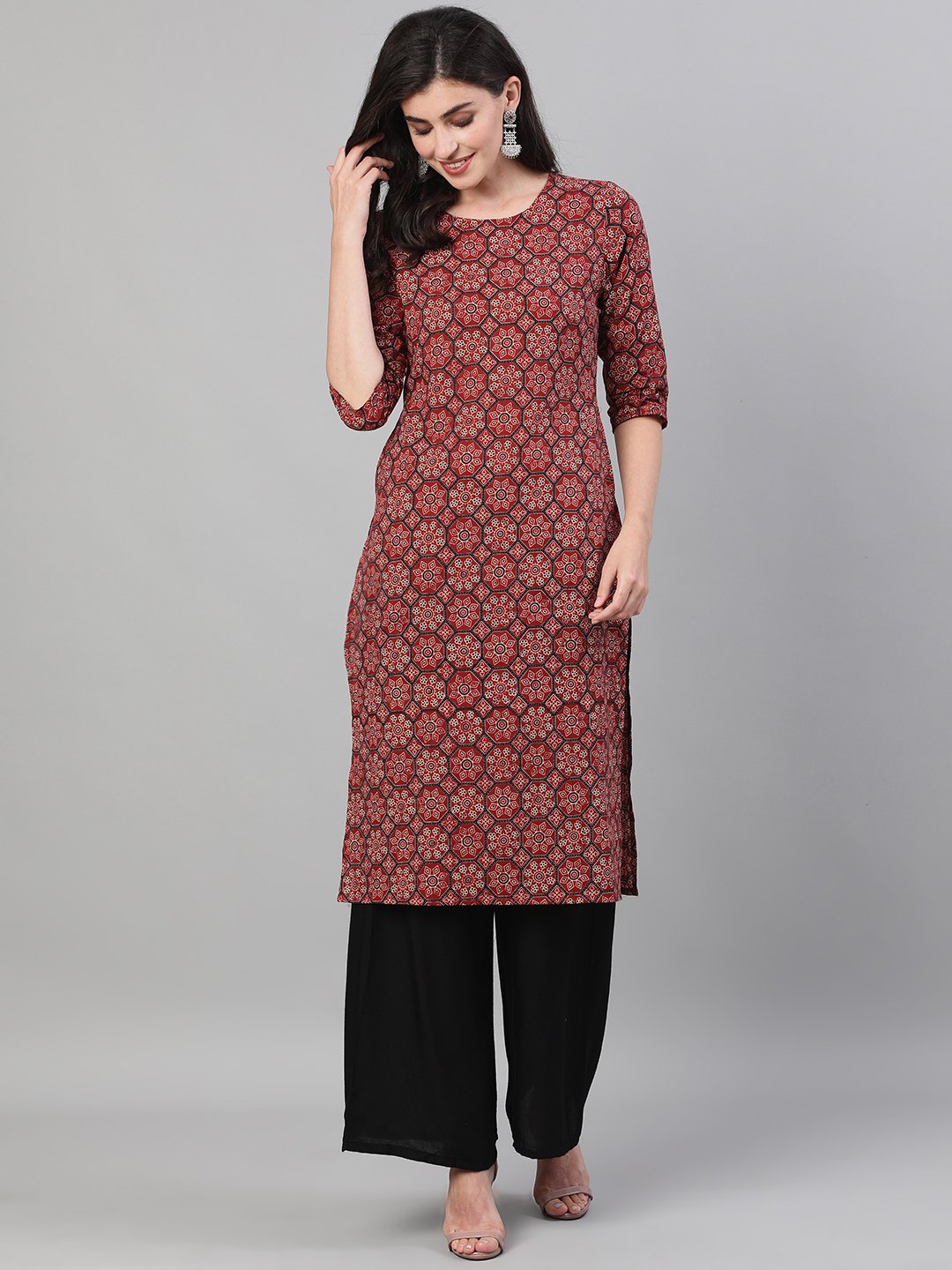 Women Maroon Calf Length Three-Quarter Sleeves Straight Ethnic Motif Printed Cotton Kurta with pockets And Face Mask | NOZ2TOZ - Made In INDIA.