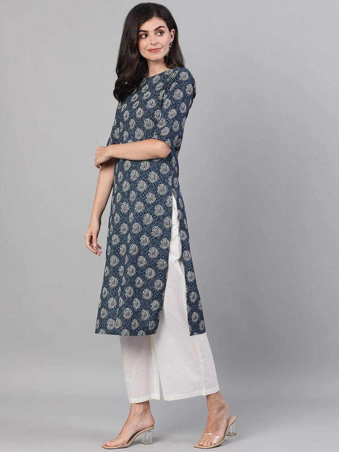 Women Blue Calf Length Three-Quarter Sleeves Straight Bandhani Printed Cotton Kurta with pockets And Face Mask | NOZ2TOZ - Made In INDIA.