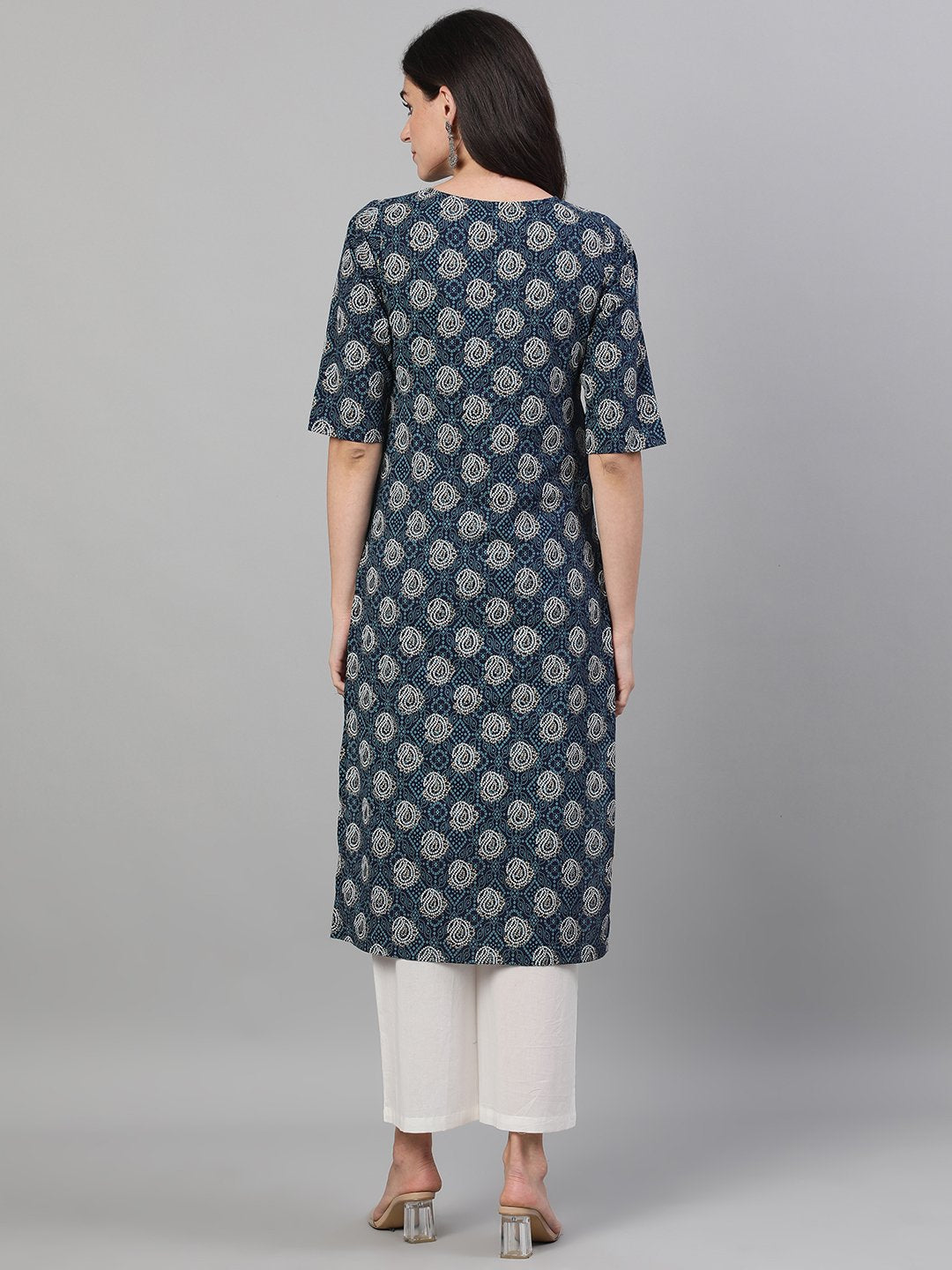 Women Blue Calf Length Three-Quarter Sleeves Straight Bandhani Printed Cotton Kurta with pockets And Face Mask | NOZ2TOZ - Made In INDIA.