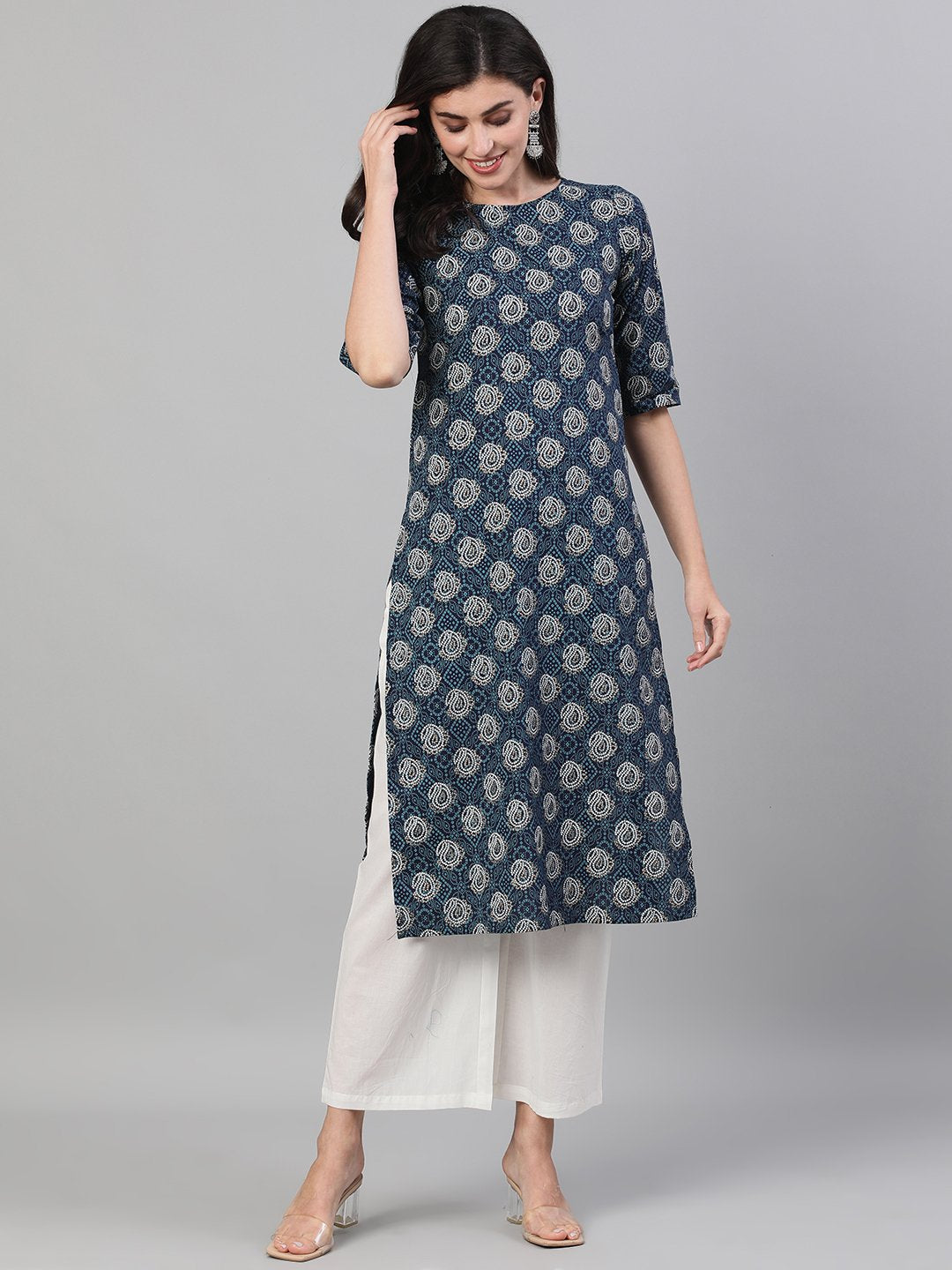 Women Blue Calf Length Three-Quarter Sleeves Straight Bandhani Printed Cotton Kurta with pockets And Face Mask | NOZ2TOZ - Made In INDIA.