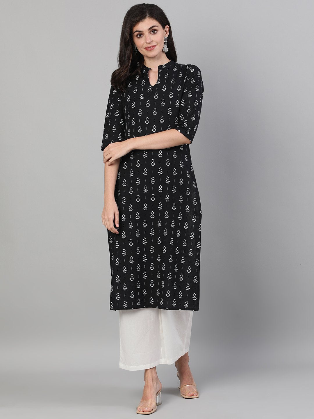 Women Black Calf Length Three-Quarter Sleeves Straight Geometric Printed Cotton Kurta with pockets And Face Mask | NOZ2TOZ - Made In INDIA.