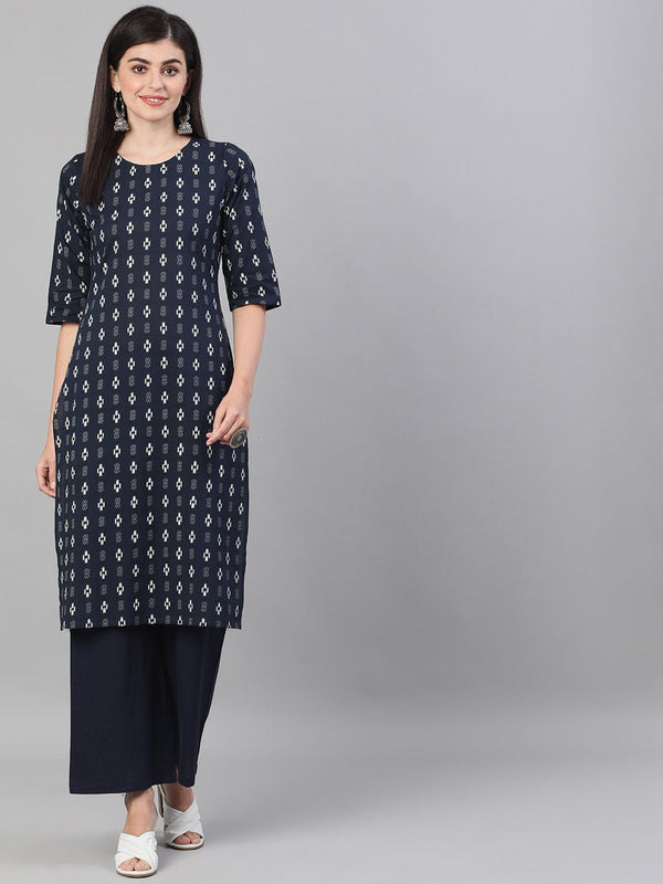 Women Navy Blue Three-Quarter Sleeves Straight Kurta With Palazzo and pockets | NOZ2TOZ - Made In INDIA.