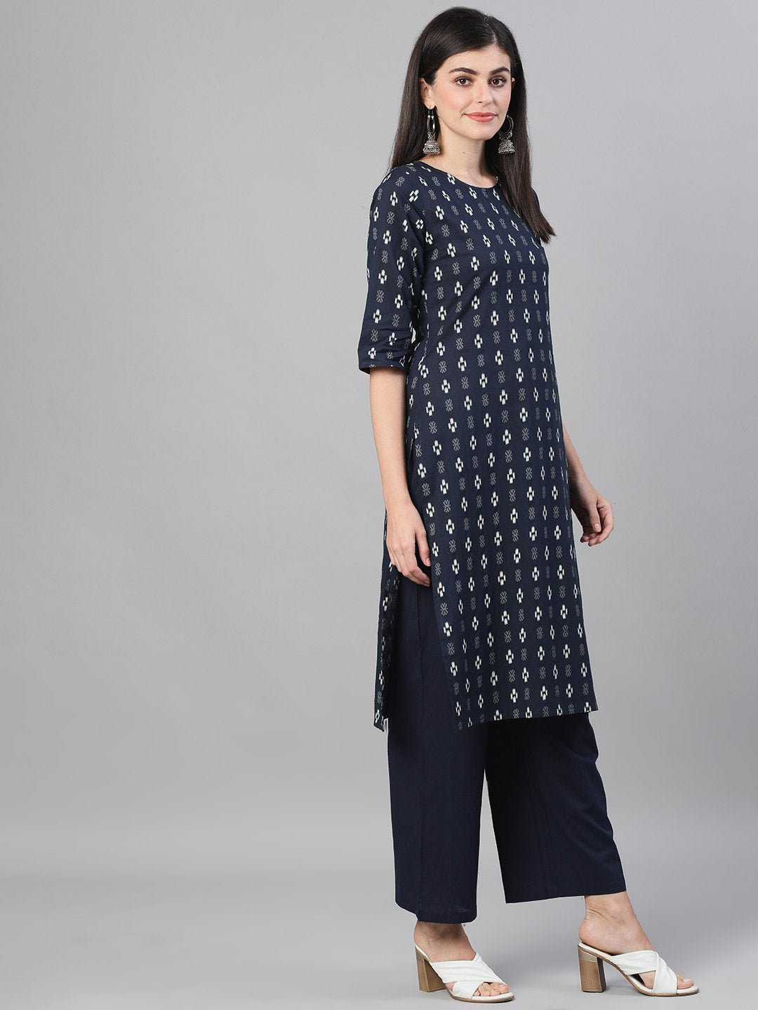 Women Navy Blue Three-Quarter Sleeves Straight Kurta With Palazzo and pockets | NOZ2TOZ - Made In INDIA.