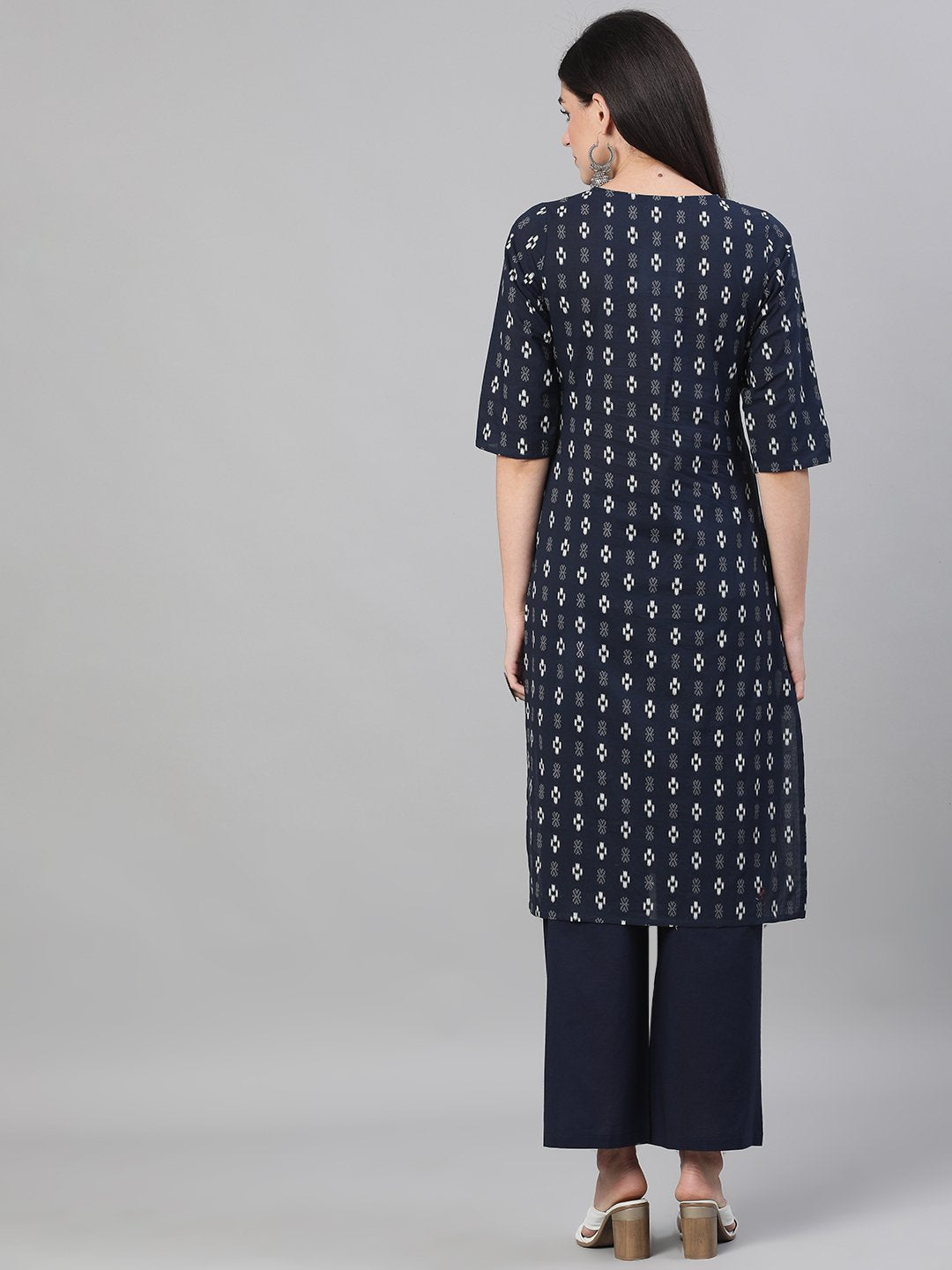 Women Navy Blue Three-Quarter Sleeves Straight Kurta With Palazzo and pockets | NOZ2TOZ - Made In INDIA.