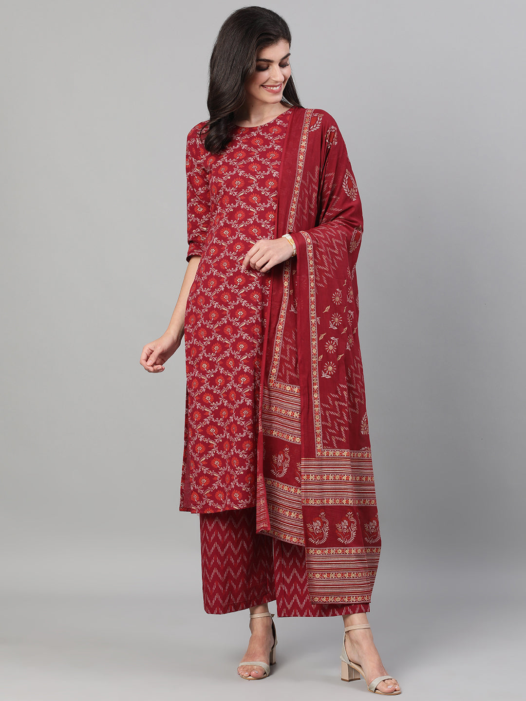 Women Burgundy Gold Printed Three-Quarter Sleeves Straight Kurta With Palazzo and Dupatta with pockets And Face Mask | NOZ2TOZ - Made In INDIA.