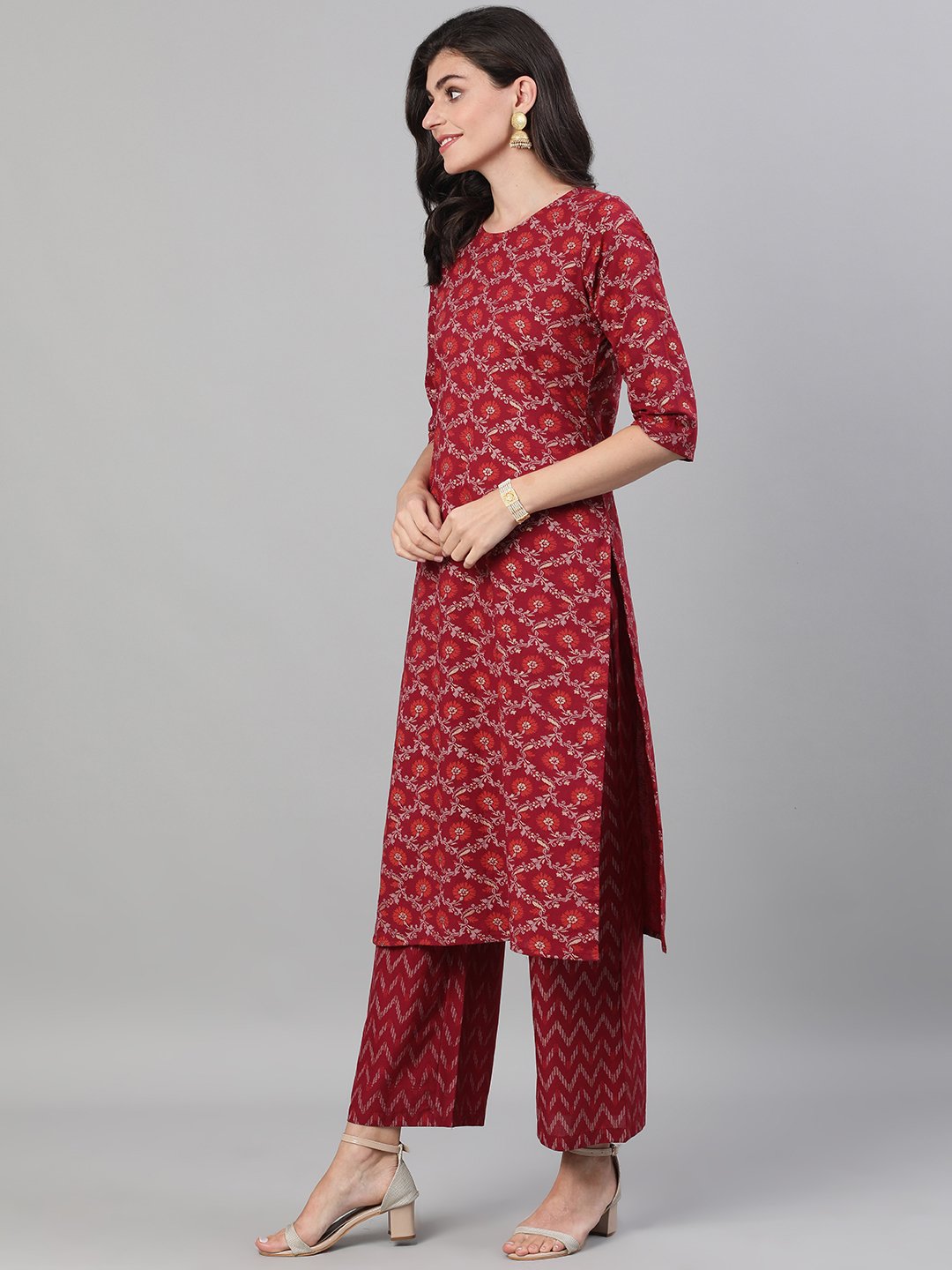 Women Burgundy Gold Printed Three-Quarter Sleeves Straight Kurta With Palazzo and Dupatta with pockets And Face Mask | NOZ2TOZ - Made In INDIA.