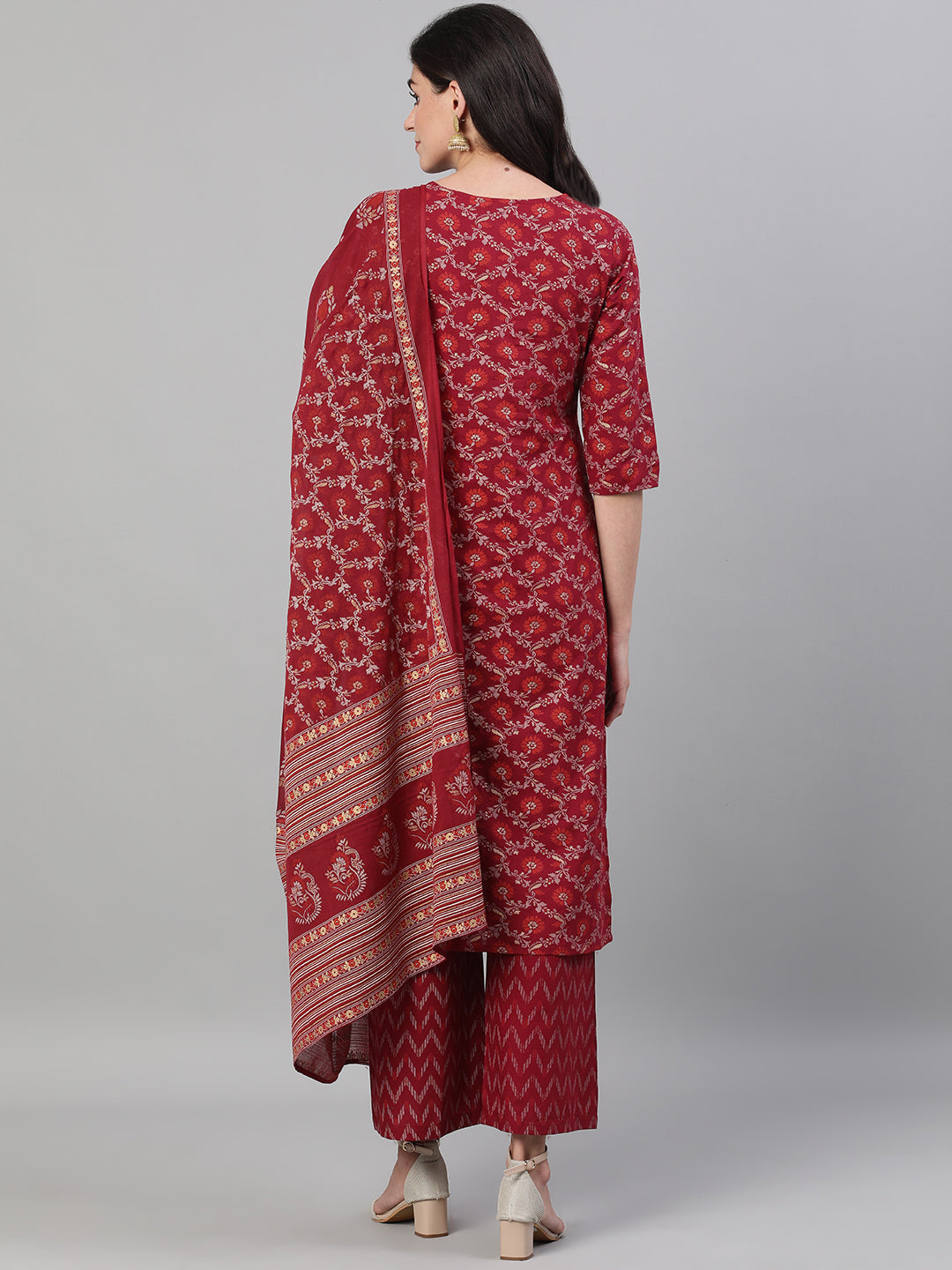 Women Burgundy Gold Printed Three-Quarter Sleeves Straight Kurta With Palazzo and Dupatta with pockets And Face Mask | NOZ2TOZ - Made In INDIA.