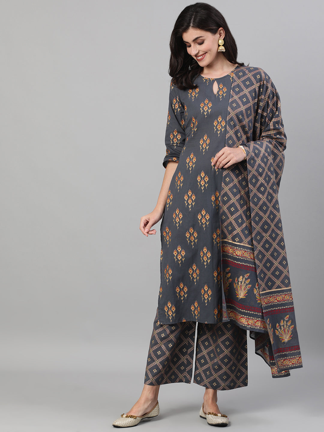 Women Steel Grey  Gold Printed Three-Quarter Sleeves Straight Kurta With Palazzo and Dupatta with pockets And Face Mask | NOZ2TOZ - Made In INDIA.