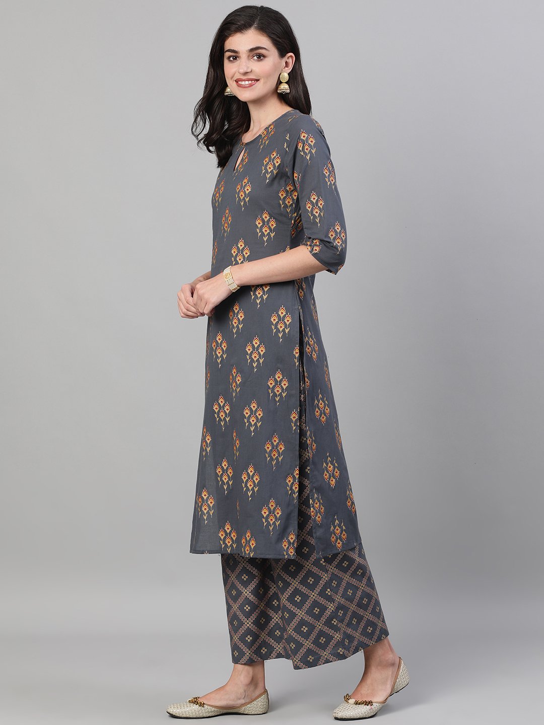 Women Steel Grey  Gold Printed Three-Quarter Sleeves Straight Kurta With Palazzo and Dupatta with pockets And Face Mask | NOZ2TOZ - Made In INDIA.