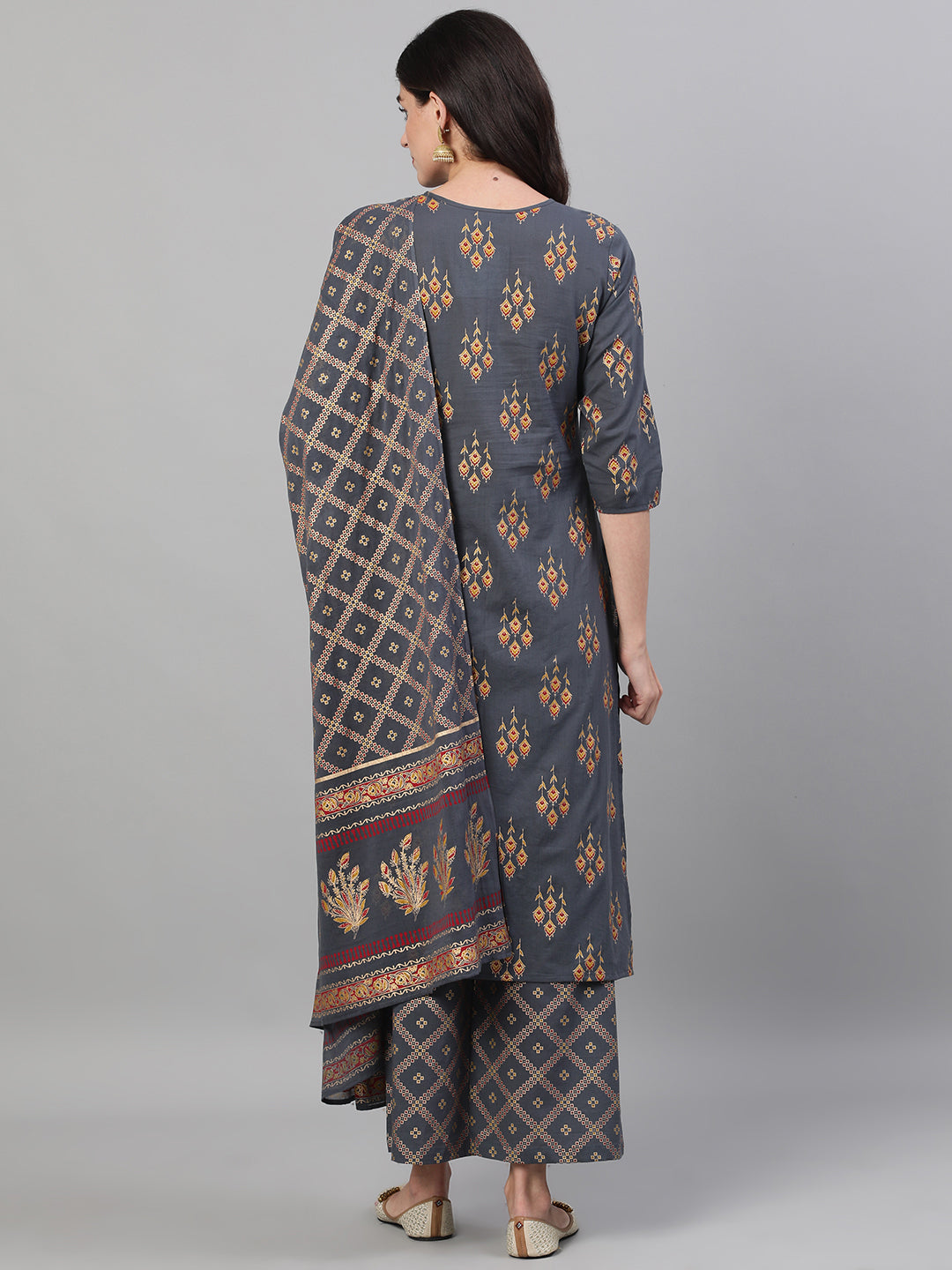 Women Steel Grey  Gold Printed Three-Quarter Sleeves Straight Kurta With Palazzo and Dupatta with pockets And Face Mask | NOZ2TOZ - Made In INDIA.