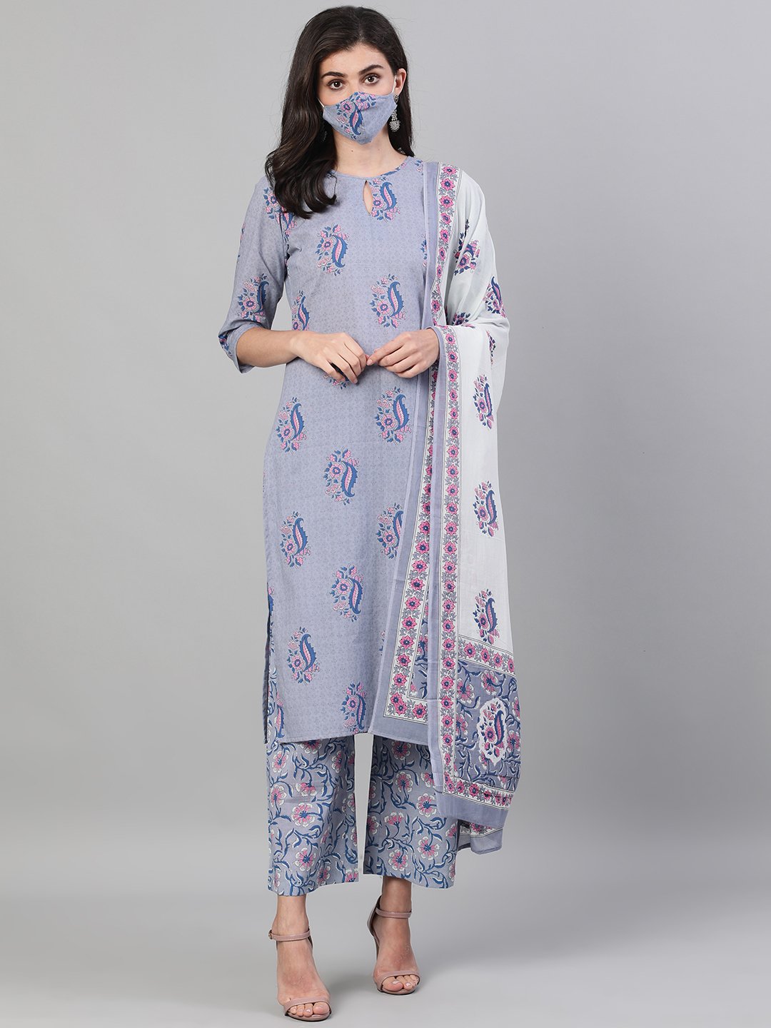 Women Grey Three-Quarter Sleeves Straight Kurta With Palazzo and Dupatta with pockets And Face Mask | NOZ2TOZ - Made In INDIA.