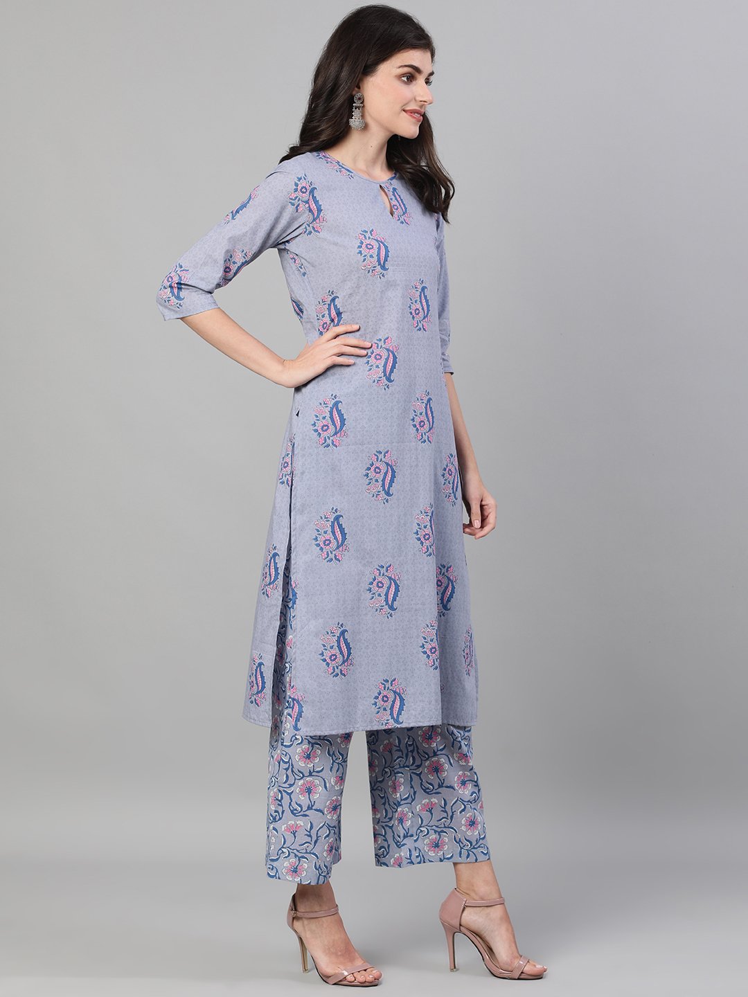 Women Grey Three-Quarter Sleeves Straight Kurta With Palazzo and Dupatta with pockets And Face Mask | NOZ2TOZ - Made In INDIA.