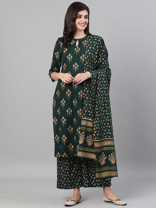 Women Green Gold Printed Three-Quarter Sleeves Straight Kurta With Palazzo and Dupatta with pockets And Face Mask | NOZ2TOZ - Made In INDIA.